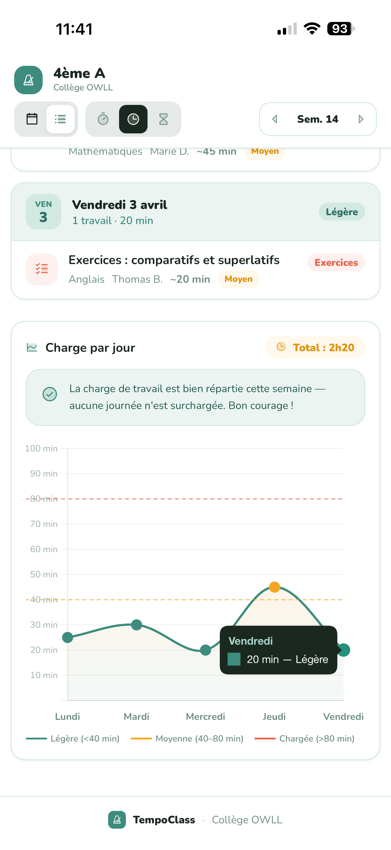Agenda TempoClass sur smartphone